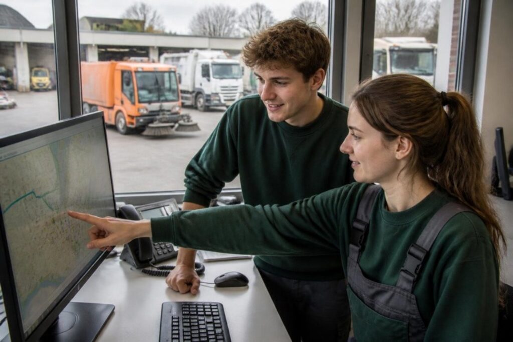 Zwei junge Auszubildende planen Touren am Monitor in der Disposition (Symbolbild)