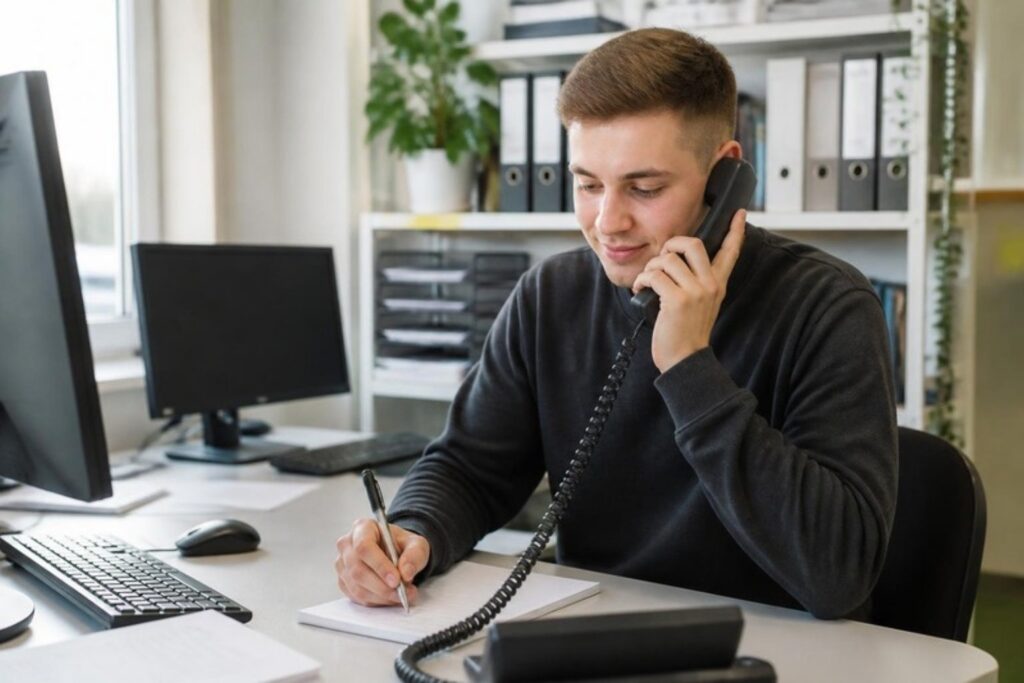 Junger Auszubildender telefoniert im Büro und macht Notizen (Symbolbild)