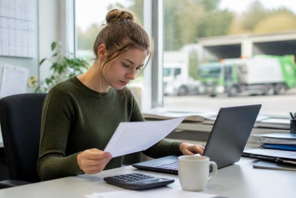 Junge Auszubildende prüft eine Rechnung am Laptop (Symbolbild)